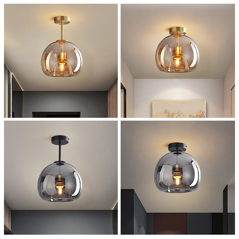 Original four-panel comparison of gold and black Sanna dome lights with short or longer stems in interior settings.