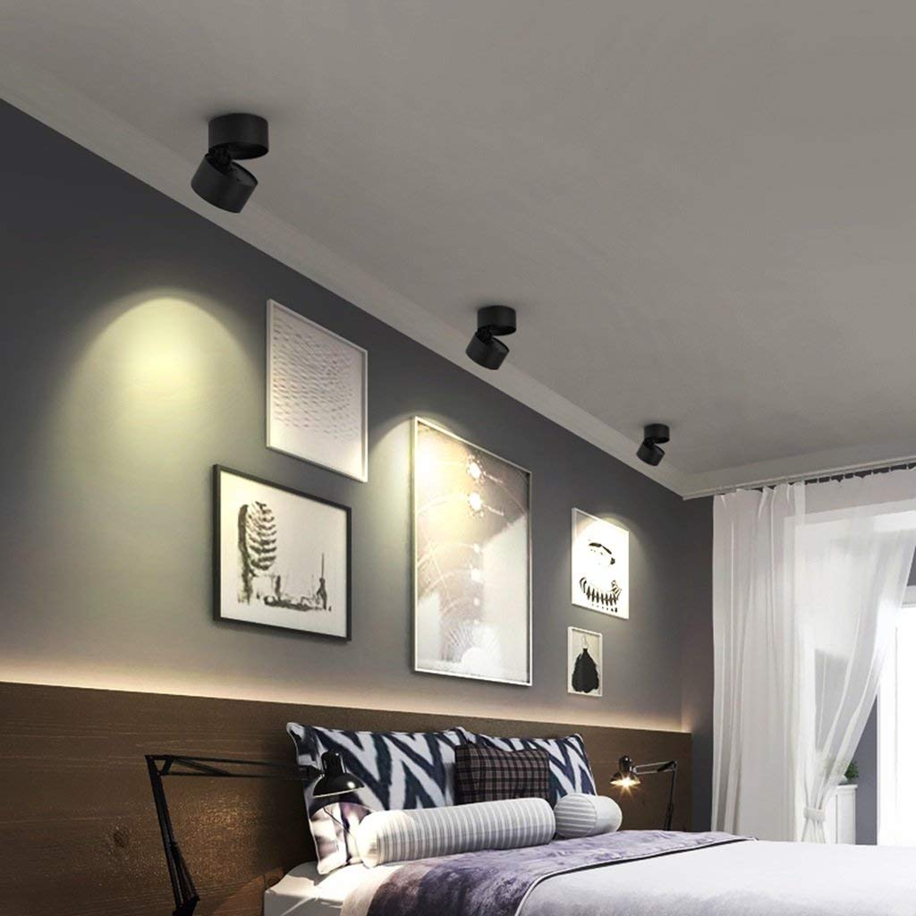 Black Novak spotlights casting pools of light along a bedroom wall.