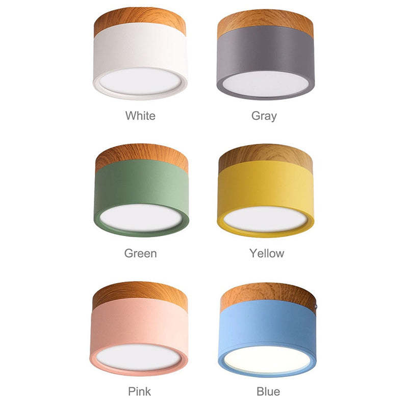 Labeled Morandi color comparison: white, gray, green, yellow, pink and blue cylinders with wood-look upper bands.