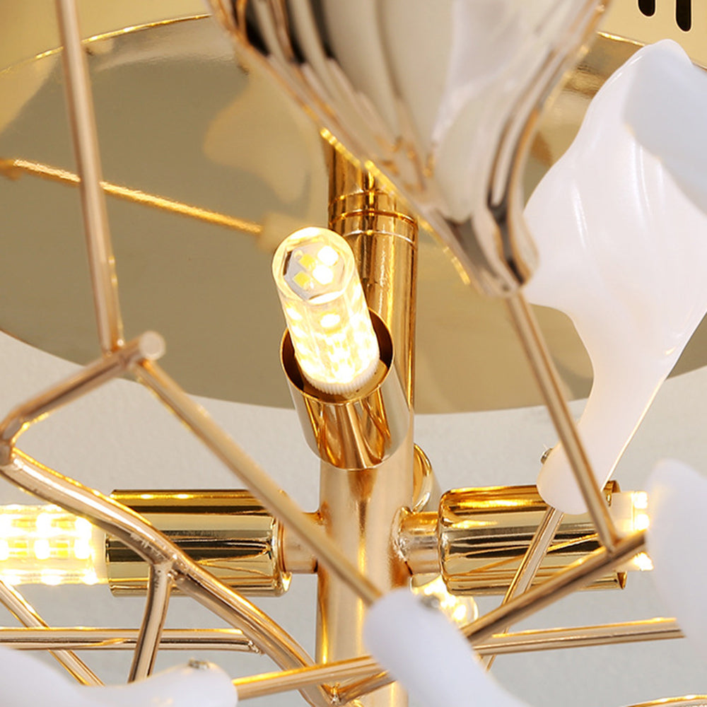 Olivia close-up of a lit tubular LED in a gold-tone cylindrical holder beside the central stem and canopy underside.