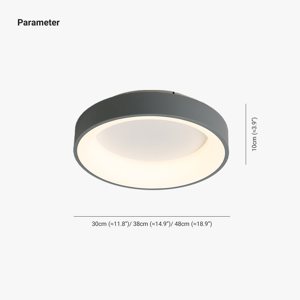 Quinn ceiling light dimensions: 30, 38 or 48 cm diameter and 10 cm height, with approximate inch conversions.