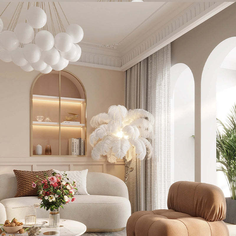 Close view of white glass globes in a living room