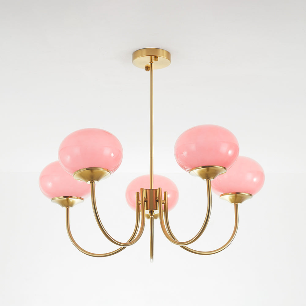 Full view of a pink five-globe chandelier and ceiling canopy
