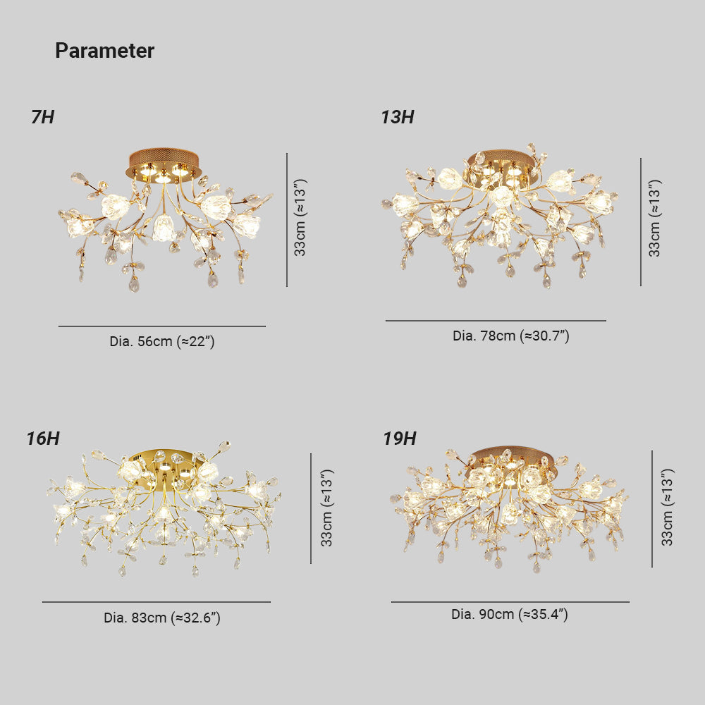 Lili dimension drawing: 7 lights 56 cm, 13 lights 78 cm, 16 lights 83 cm and 19 lights 90 cm in diameter; all 33 cm high.