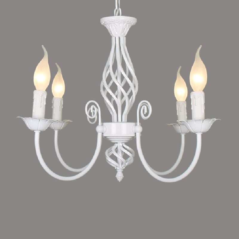 White Silva four-light chandelier on grey, with four curved candle arms, scroll details and open twisted central column