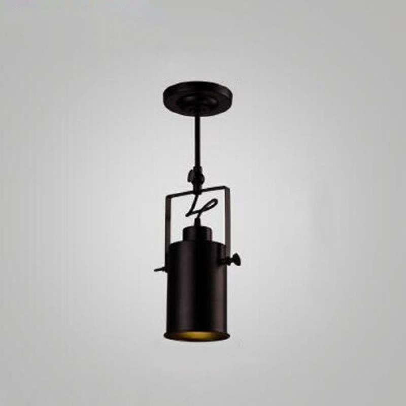 Alessio single-head black fixture with vertical cylinder, squared bracket, joint knobs, looped cable and round ceiling canopy.