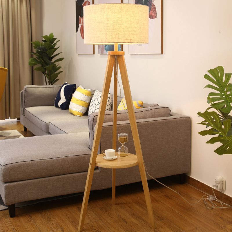 Ozawa Floor Lamp Triangle Vintage, Wooden/Fabric, Beige, Living Room - Cueteks