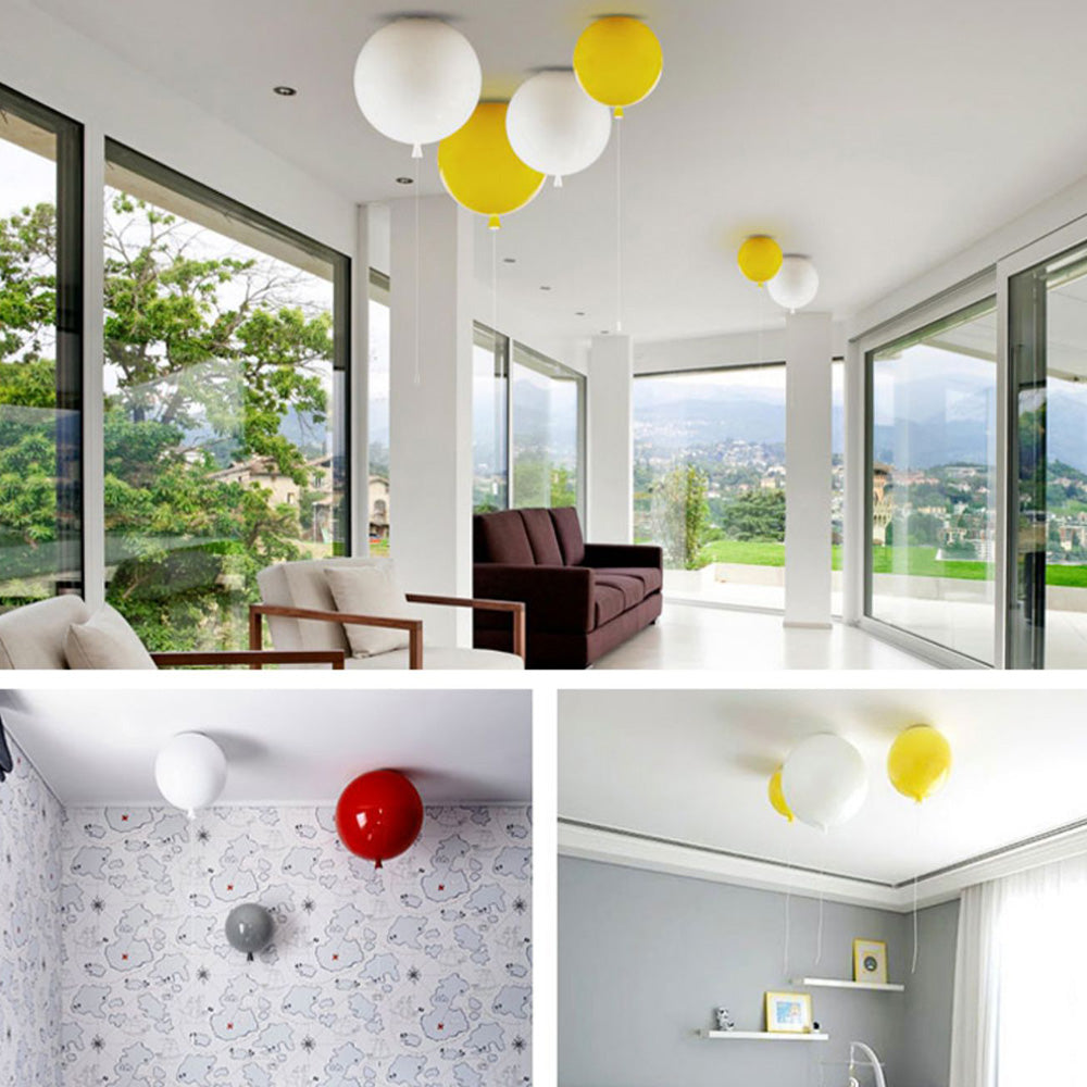 Room composite with separate white, yellow, red and grey balloon lights in a glazed sitting area and patterned rooms.