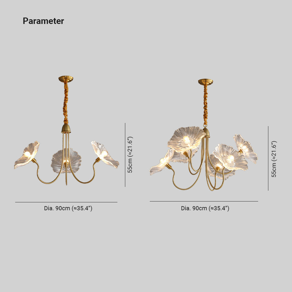 Dimension diagram for 3- and 6-head chandeliers: 90 cm spread, 55 cm body height