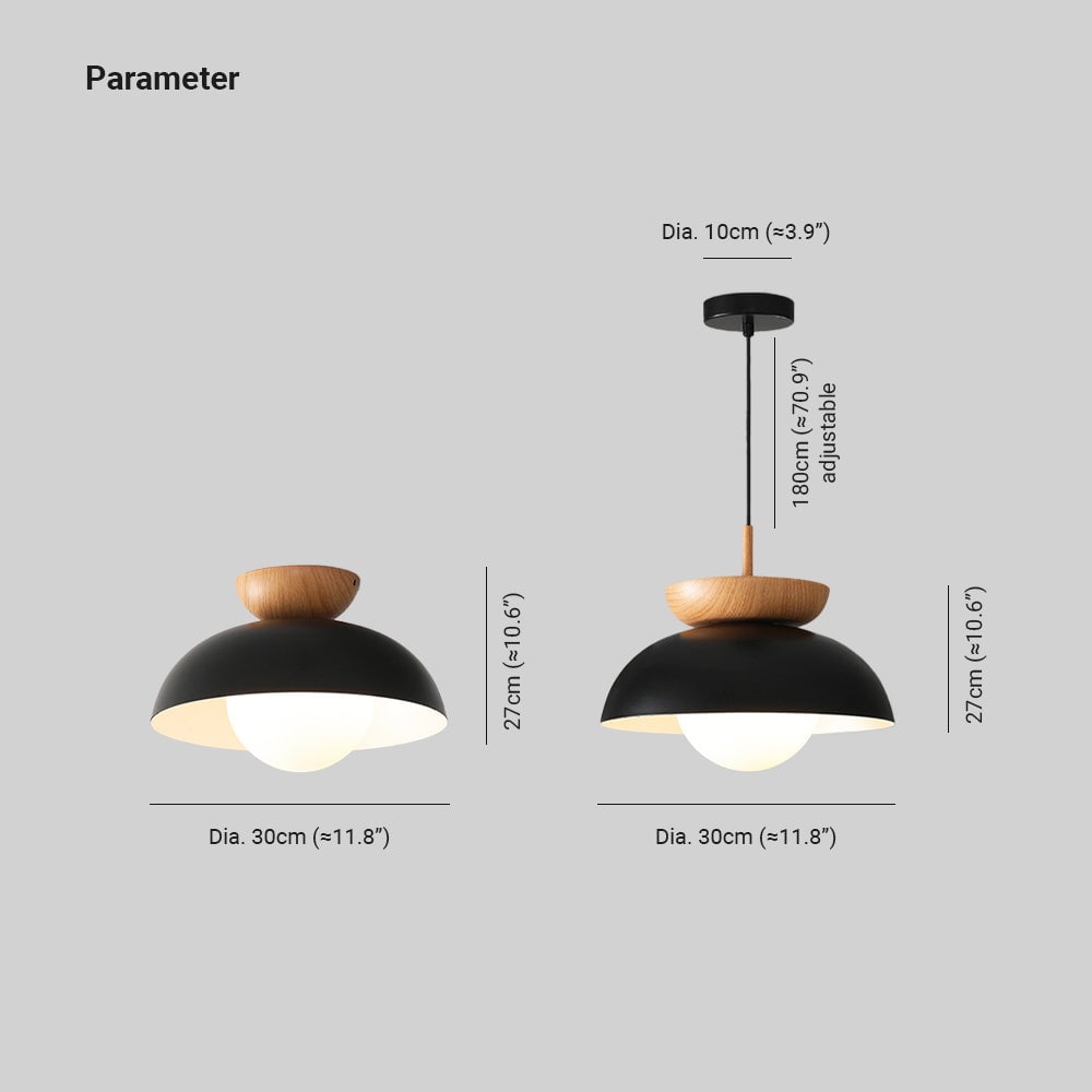 Ozawa dimension image: 30 cm diameter and 27 cm body height, with 10 cm pendant canopy and adjustable 180 cm cord