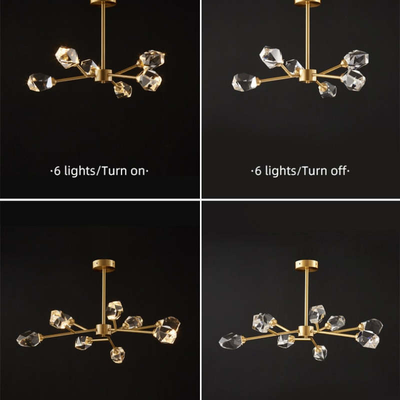 Kristy on-and-off comparison collage with a pair labelled 6 lights and another unlabelled arrangement below.