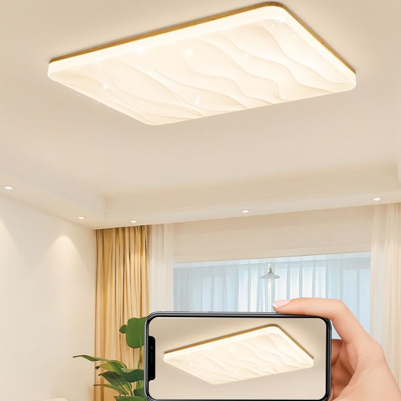 Rectangular Ozawa ceiling light above curtains and a plant, with a hand holding a phone whose screen repeats the fixture photograph.