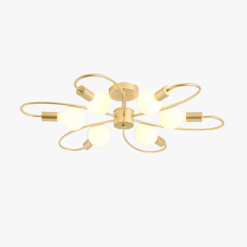 Valentina Gold six-loop light on white with exposed round bulbs, cylindrical holders and a short stem.