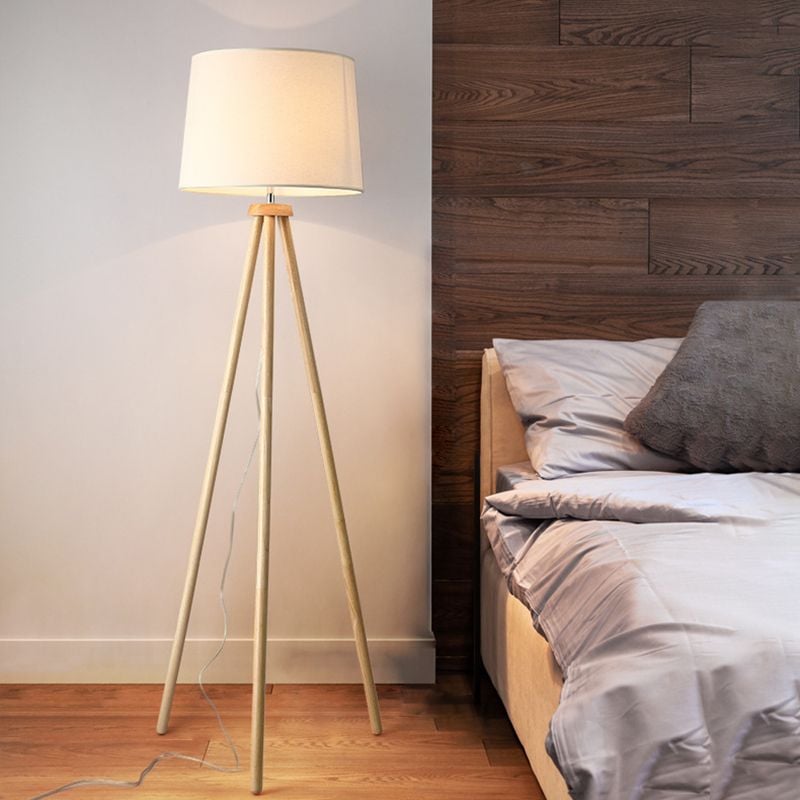 Muto Modern Cylinder Wood Fabric Floor Lamp, White/Beige - Cueteks