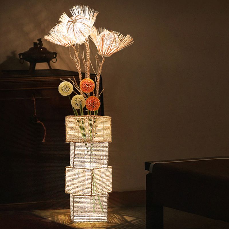 Ritta Retro Vase Wood Rattan Floor Lamp, White/Brown - Cueteks