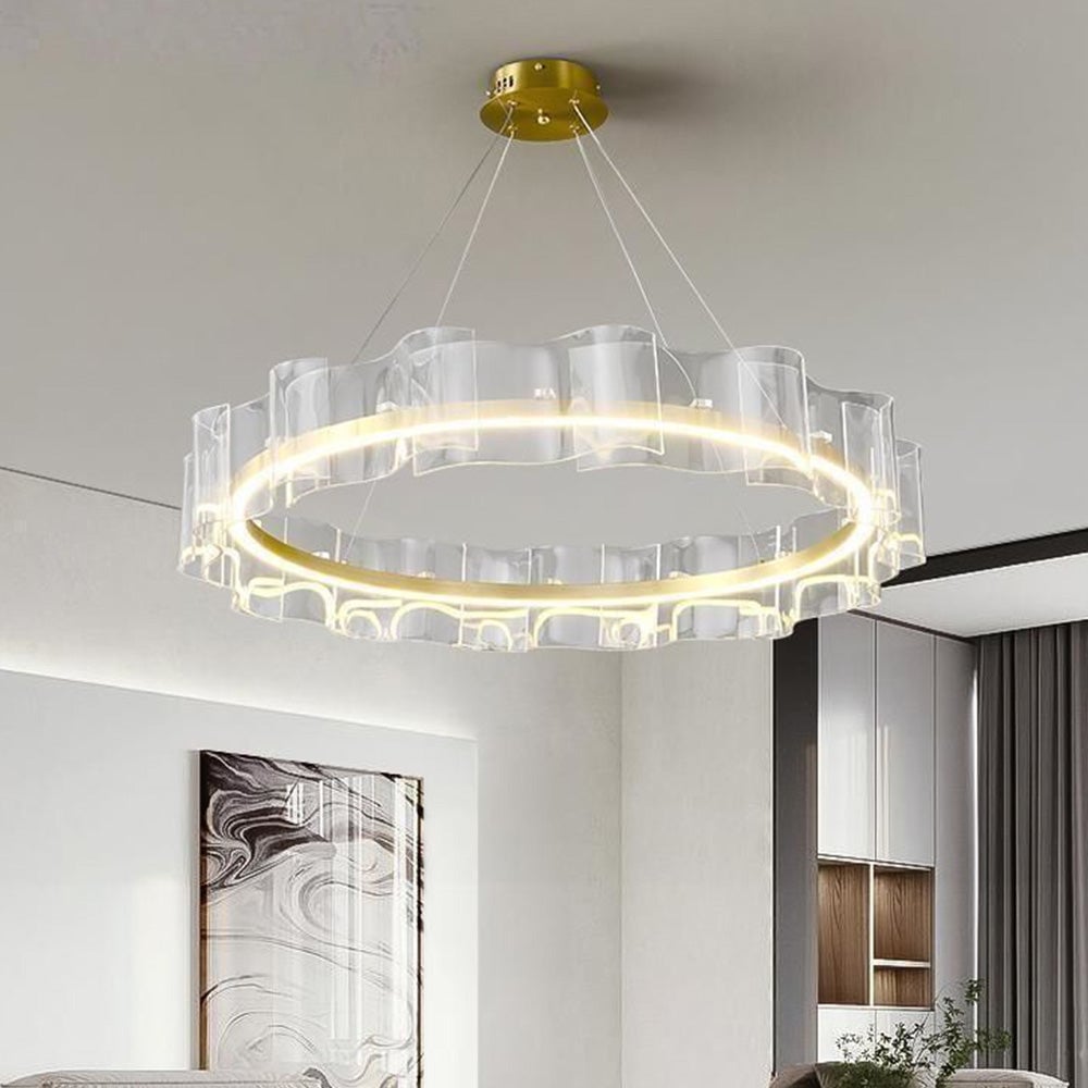 Evette ring pendant suspended near an interior wall and curtains