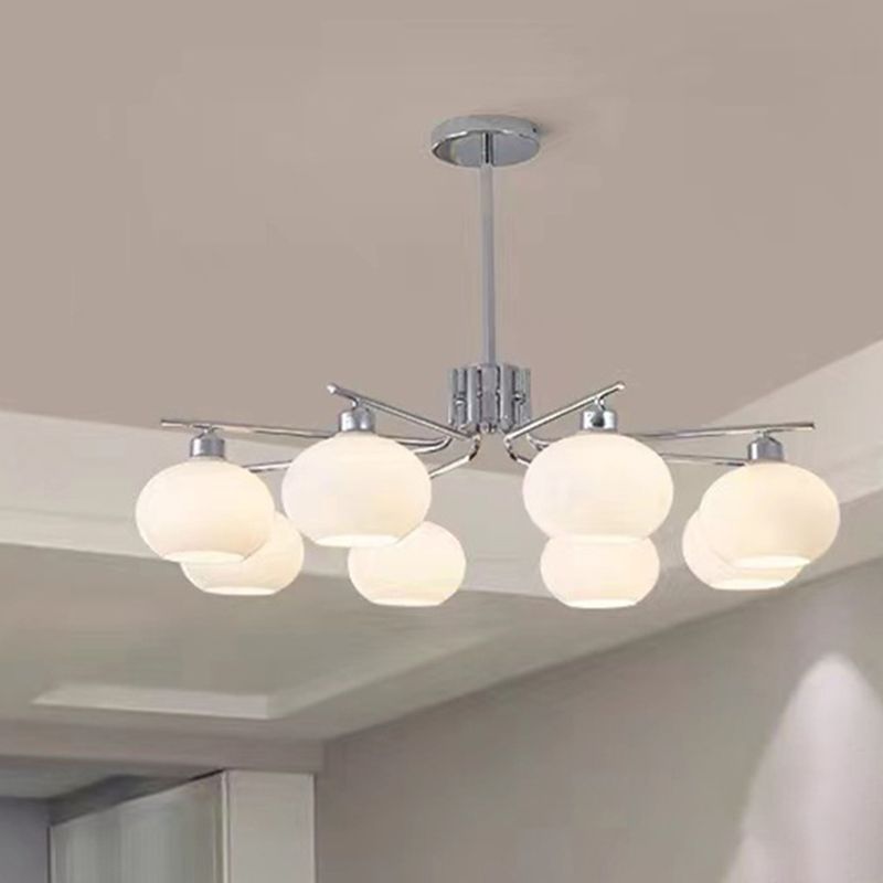 Valentina eight-light nickel-finish chandelier with reflective arms and white shades
