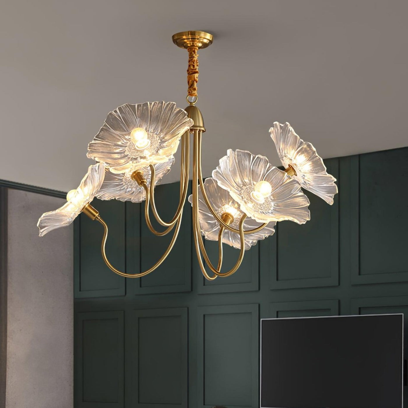 Illuminated clear glass chandelier near green panelled wall