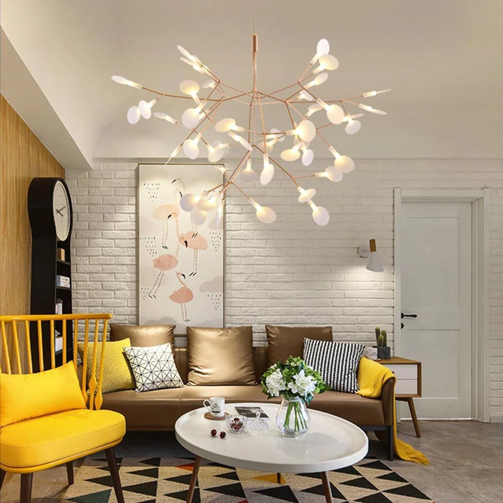 Rose-colour rounded chandelier in a living room