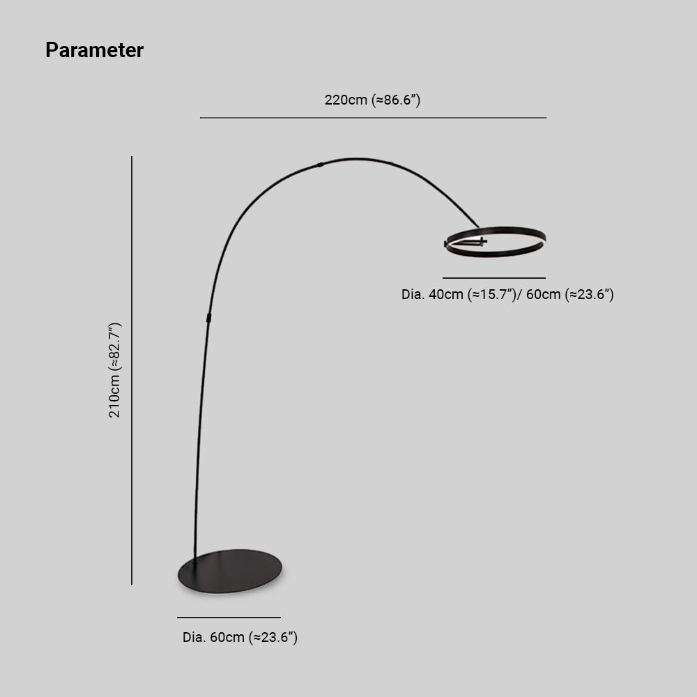 Edge floor-lamp diagram showing 210 cm height, 220 cm span, 60 cm base and 40 or 60 cm light ring