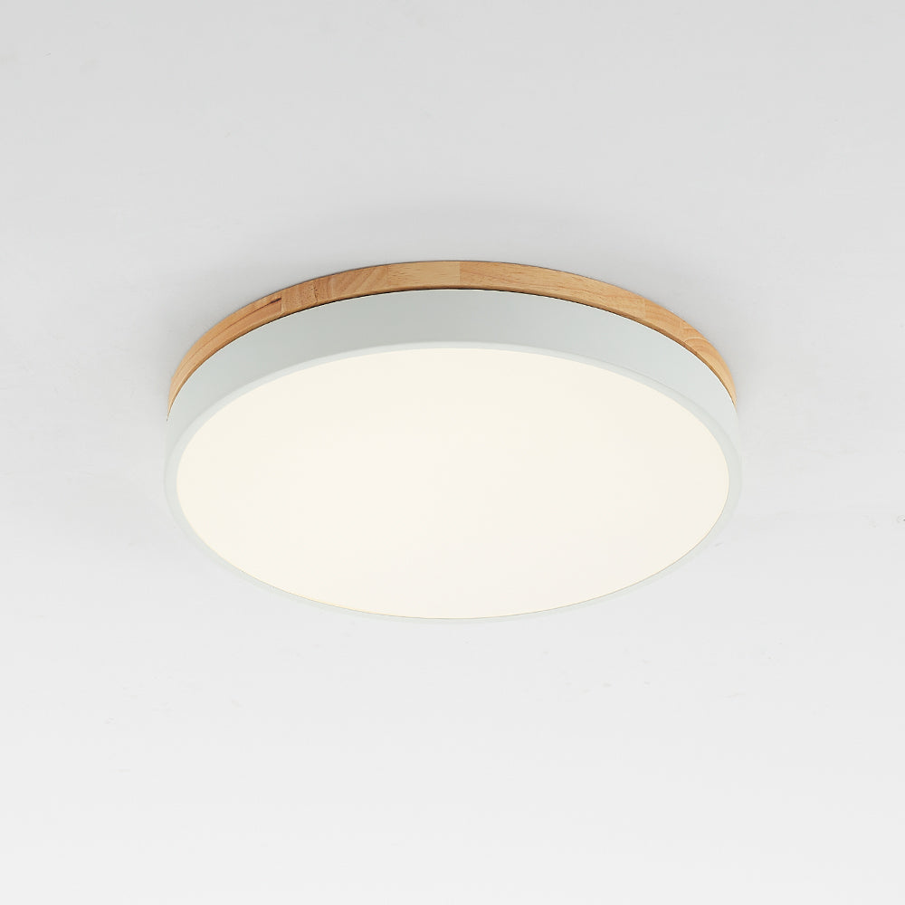 Morandi near the ceiling, with a pale rim, segmented wood-tone trim and warm-looking circular lower face.