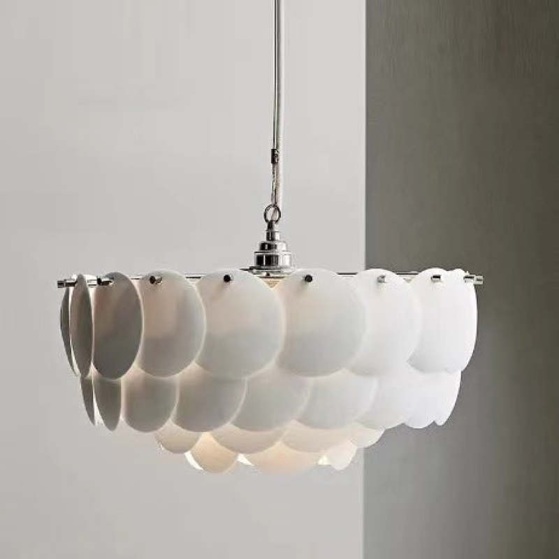 Lottie Wihte Art Deco Chandelier Light Fixture, Ceramic Leaf & Metal - Cueteks
