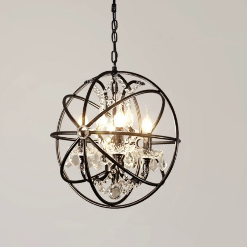 Black Kristy spherical cage pendant with crystal decorations and chain suspension.