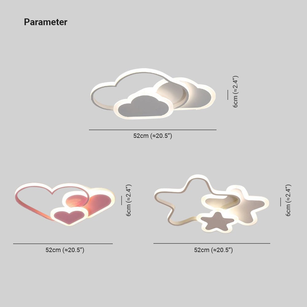 Morandi diagram showing cloud, heart and star forms, each labelled 52 cm wide and 6 cm high.