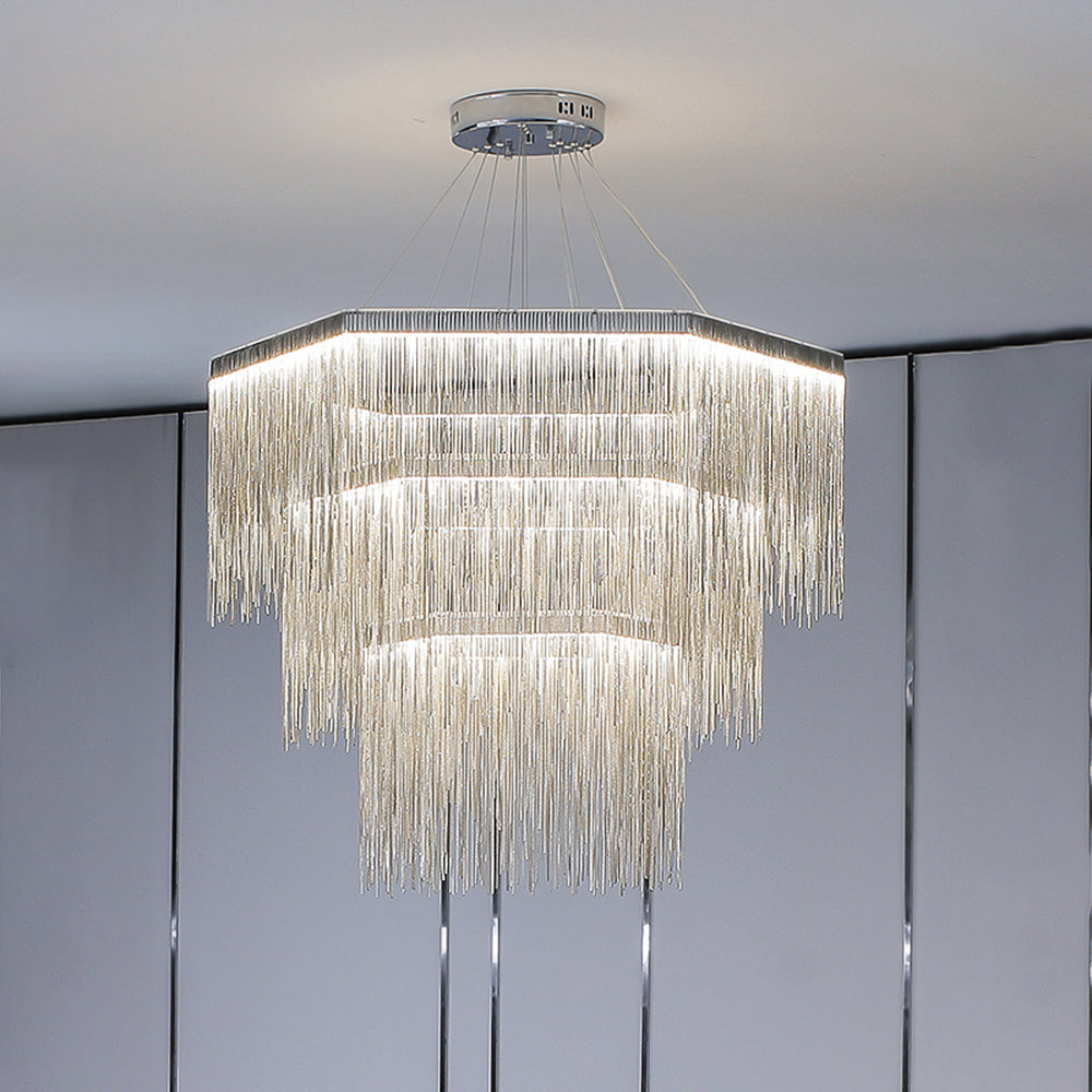 Silver three-tier Colon pendant with descending chain-fringe layers