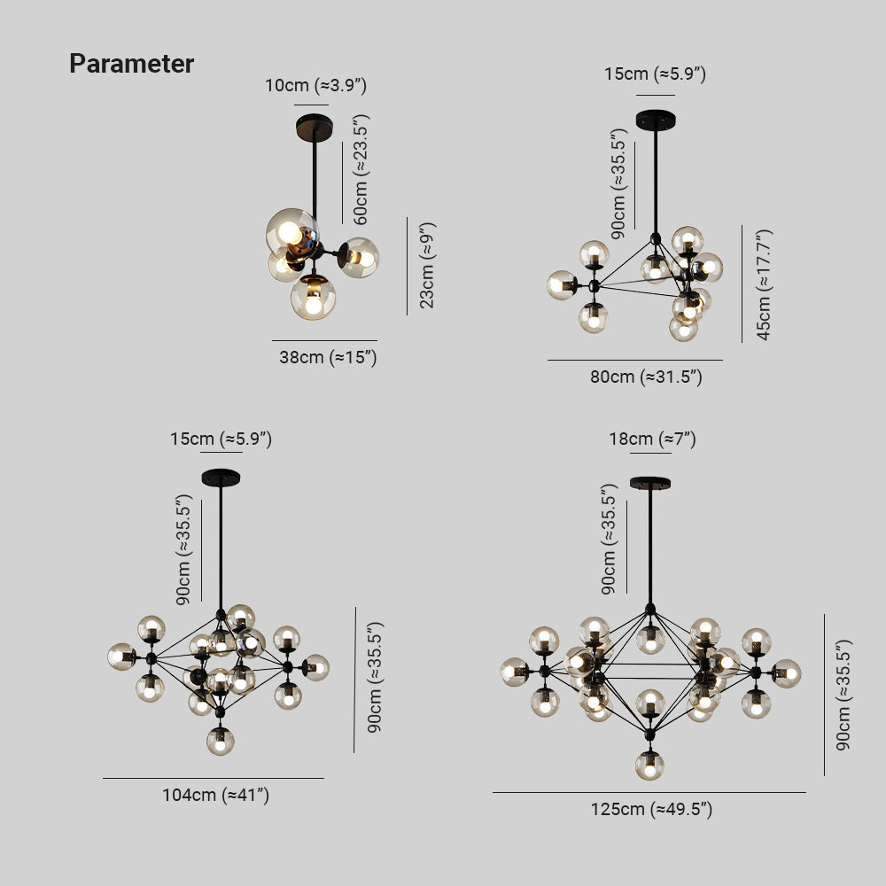 Valentina bubble chandelier diagram comparing four configurations and their dimensions