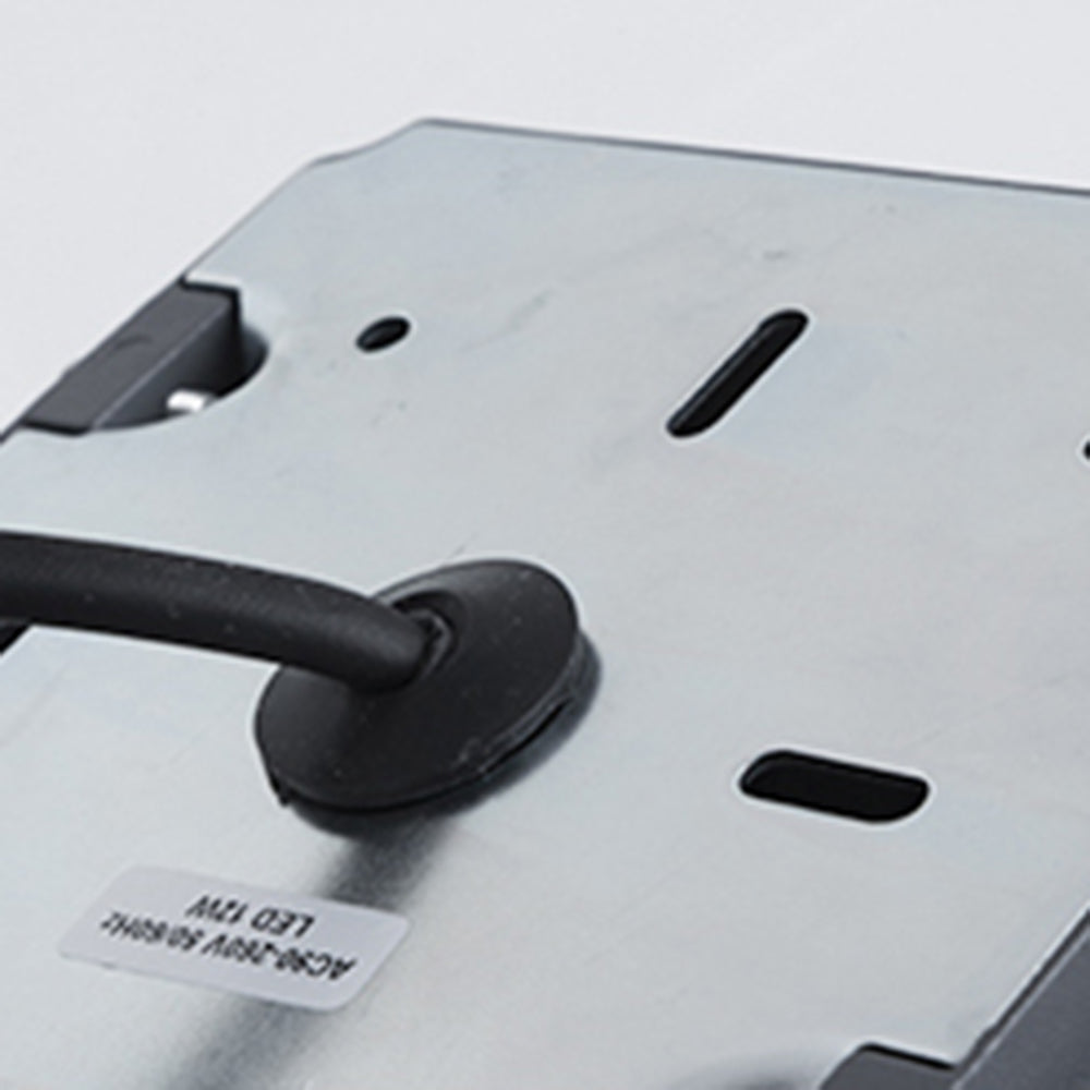 Orr rear plate with slotted holes, a cable through a round grommet and a small LED 12 W label.