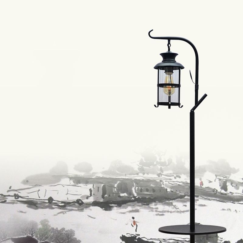 Alessio Retro Lantern Metal Glass Floor Lamp /w Table, Black/White - Cueteks