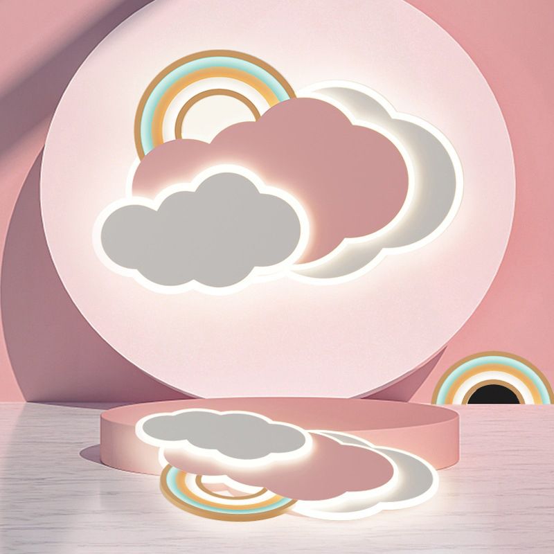 Minori layered clouds and rainbow on a pink circular display, with a mirrored reflection below and rainbow decoration behind.