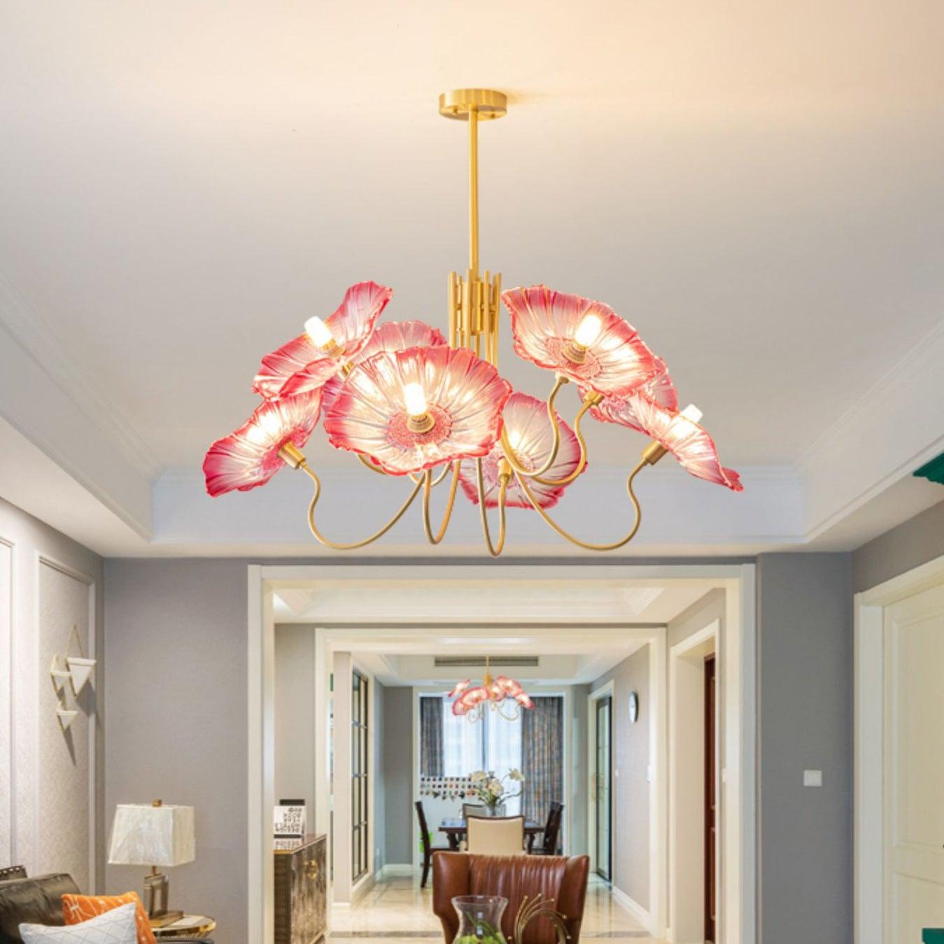Pink flower chandelier in a living area