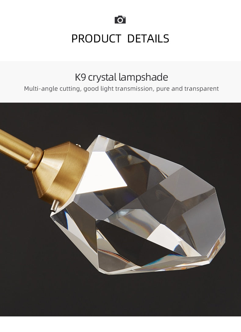 Kristy product-detail panel labelled K9 crystal lampshade, showing a clear faceted element joined to a gold-tone cap.