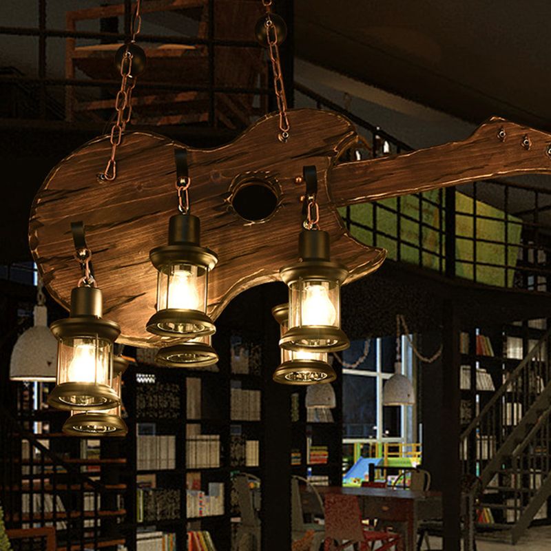 Austin wood guitar pendant with glowing lanterns in a bar interior