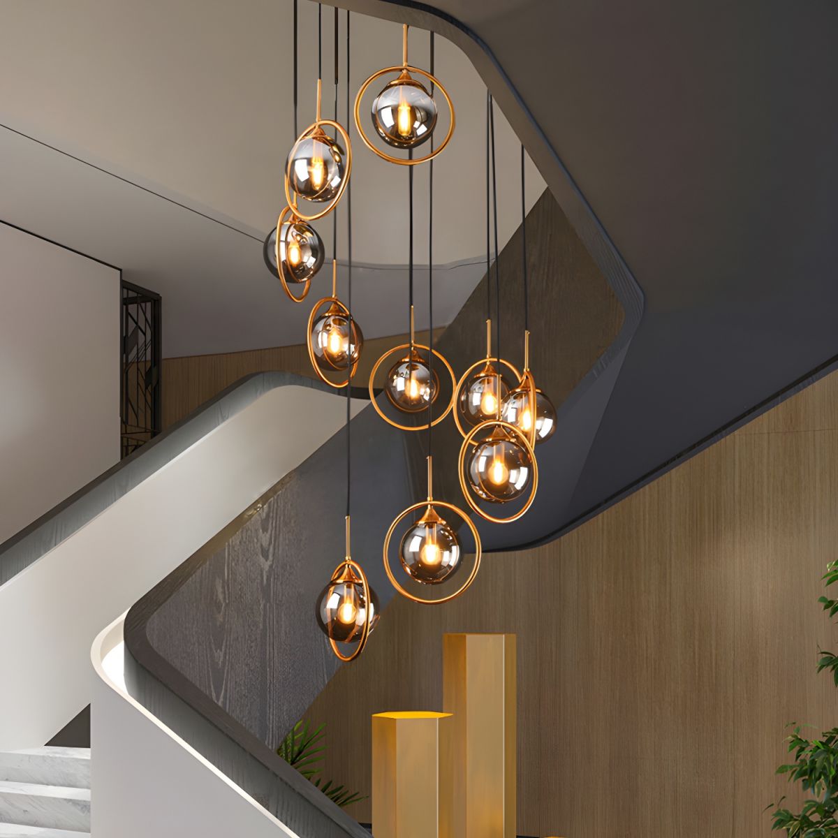 Hailie Modern Spiral Ball Glass Staircase Chandelier, Clear/Amber/Smoke Gray - Cueteks