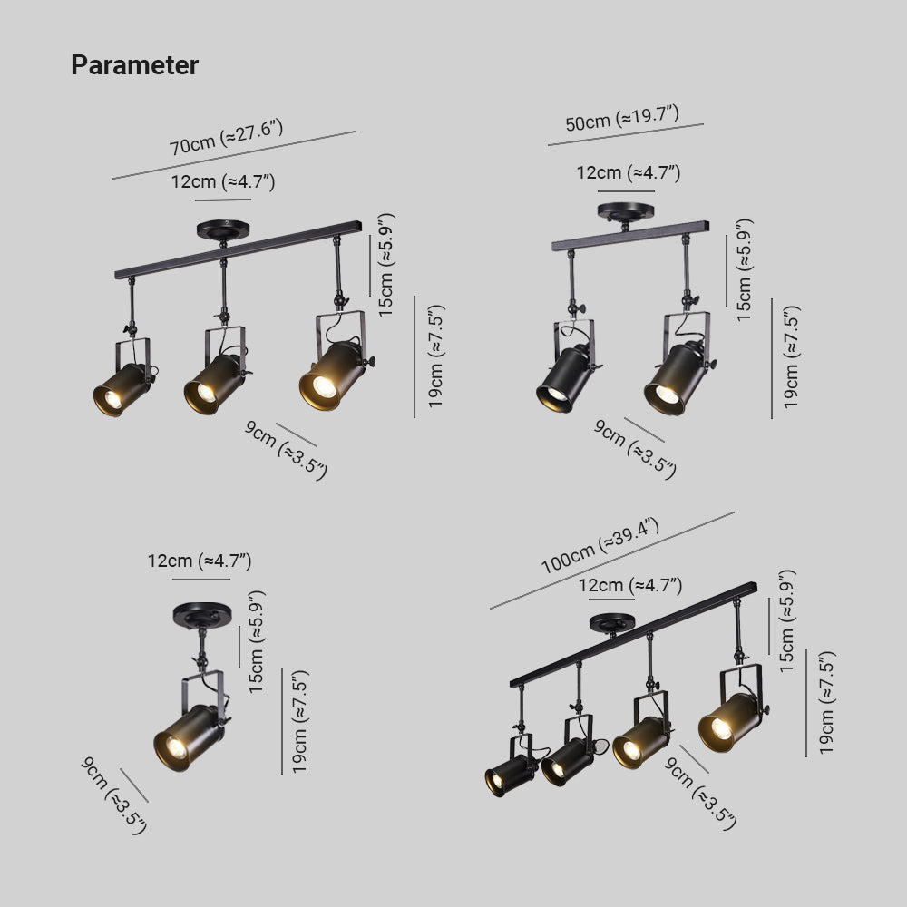 Alessio drawing: 2/3/4-head bars 50/70/100 cm; canopy 12 cm, stem 15 cm, bracket/head segment 19 cm and head width 9 cm.