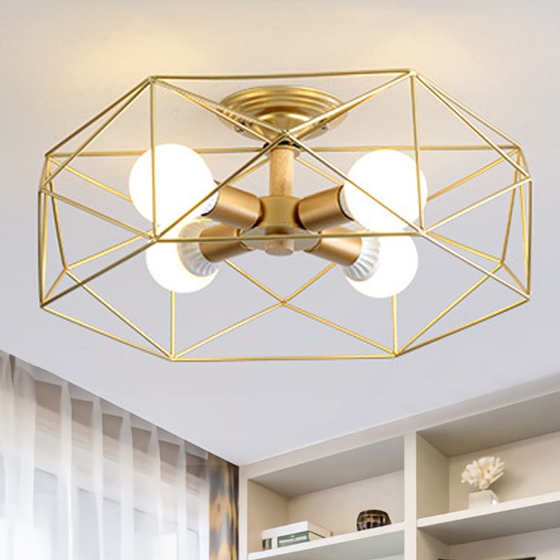 Gold four-light Cooley lantern above light curtains and wall niches containing books, decorative vases and flowers.