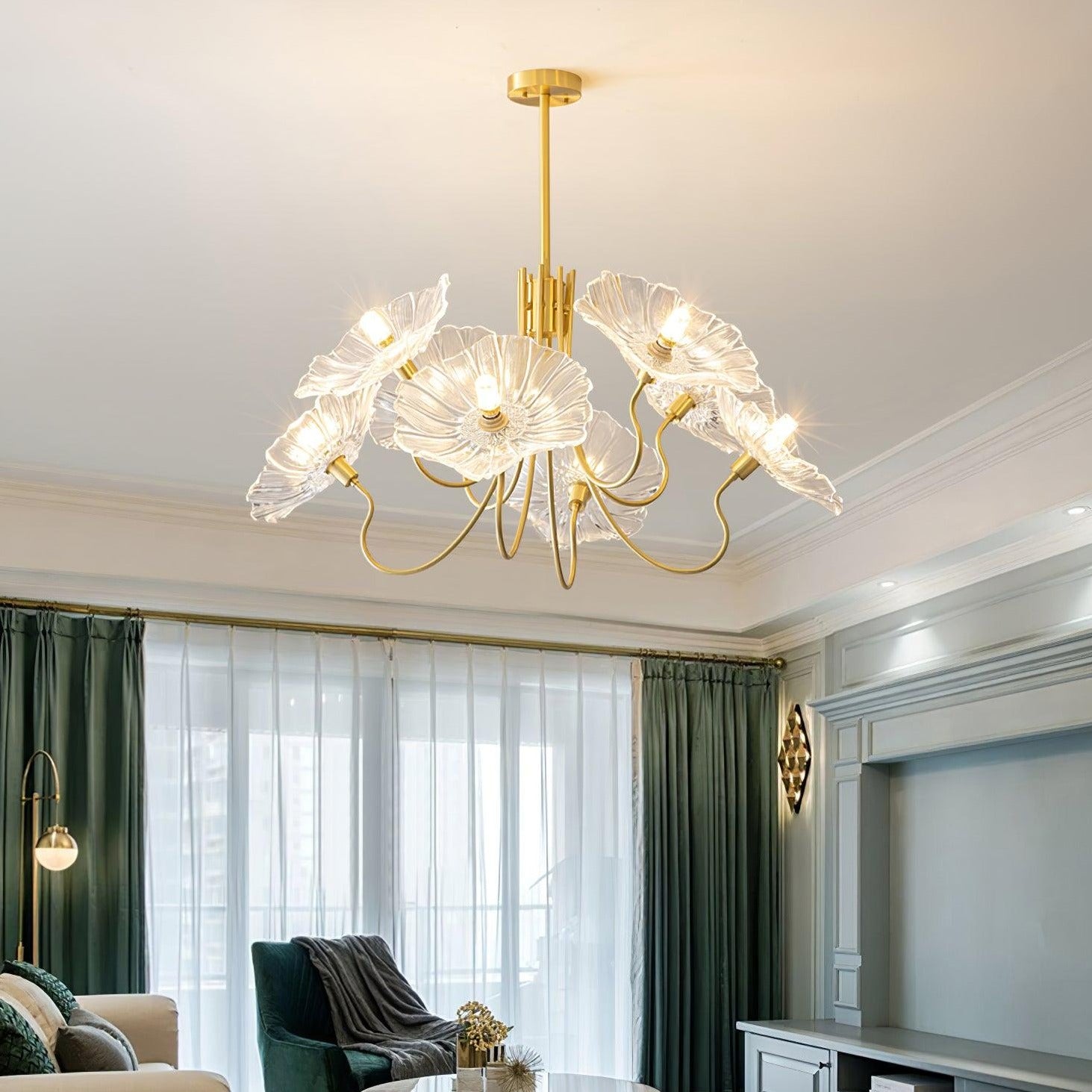 Clear flower chandelier in living room