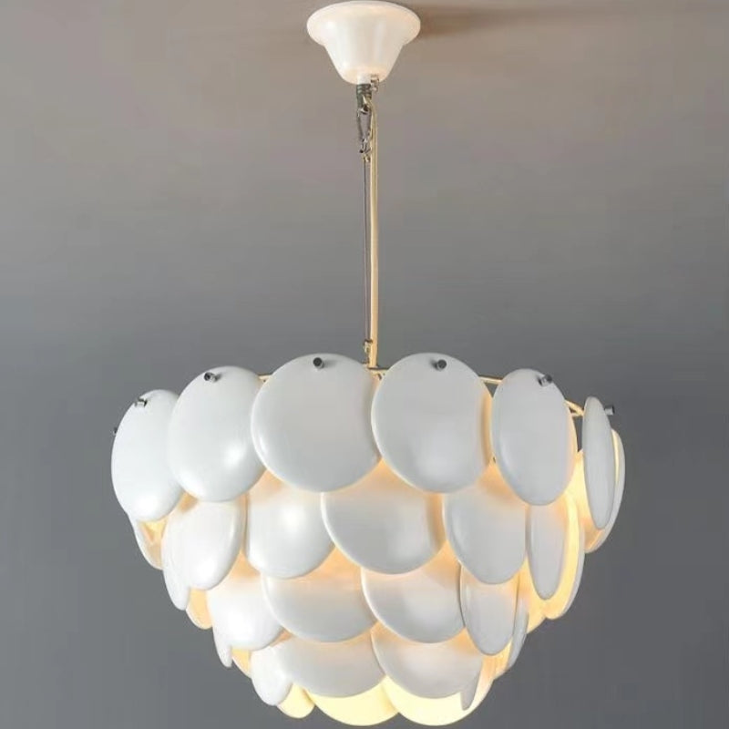 Lottie Wihte Art Deco Chandelier Light Fixture, Ceramic Leaf & Metal - Cueteks