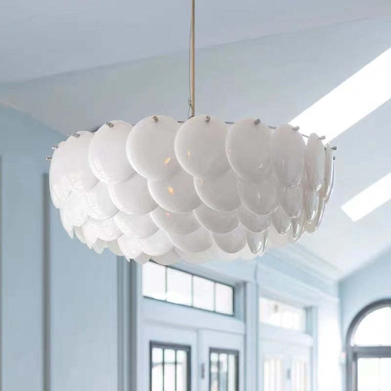Lottie Wihte Art Deco Chandelier Light Fixture, Ceramic Leaf & Metal - Cueteks