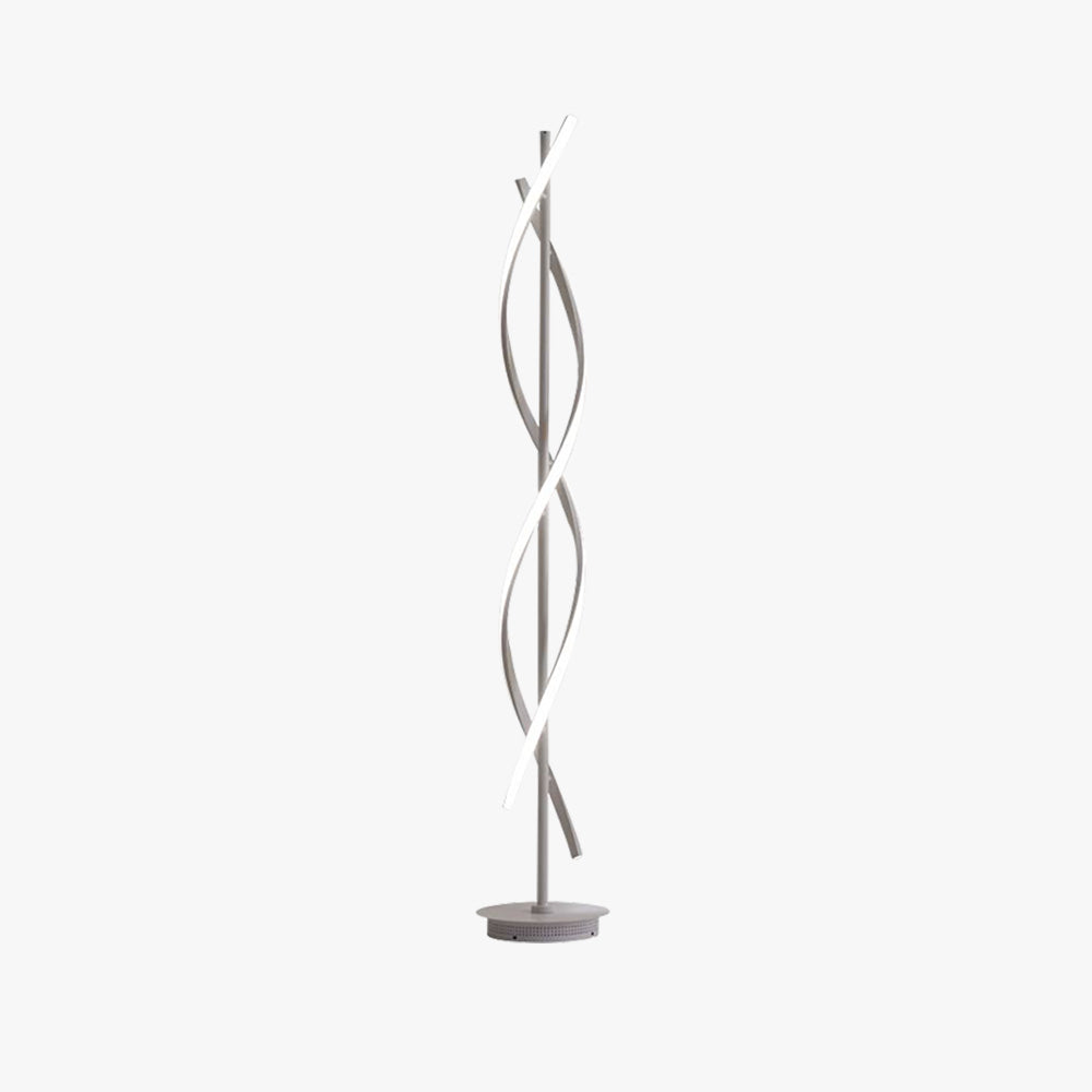 Light-finish Louise floor lamp with curved crossing light bars and a stepped circular base on a plain background