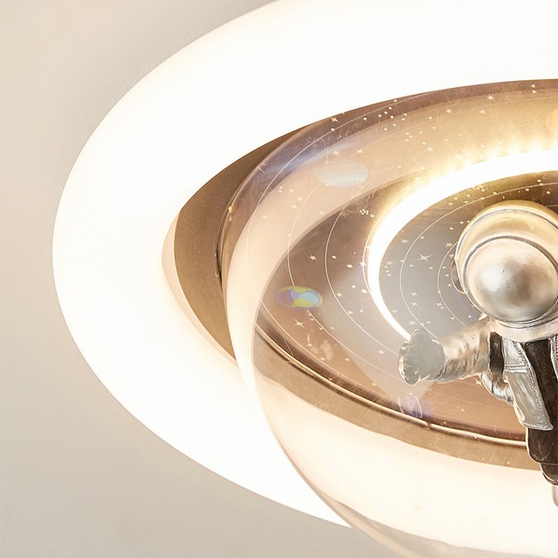 Close view of Fateh curved light ring and astronaut beside a planet pattern
