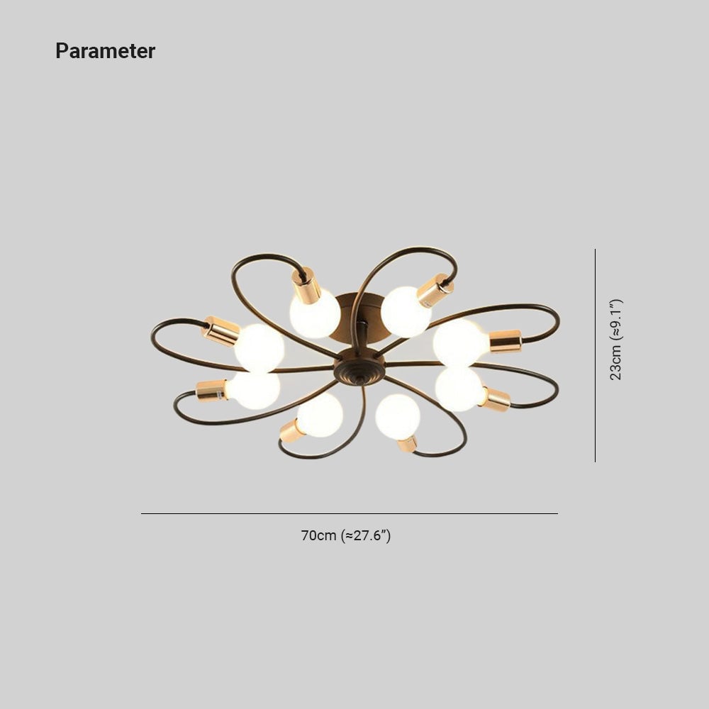 Valentina Black eight-loop drawing showing a 70 cm width and 23 cm height, with gold-tone holders and round bulbs.