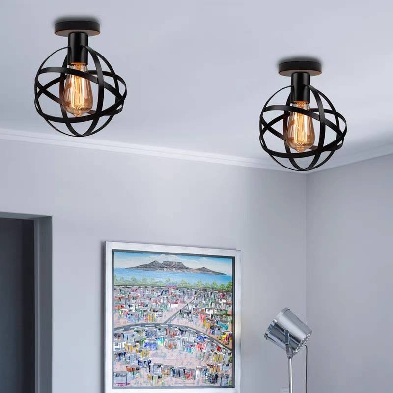 Herbert Retro Globe Lantern Metal Flush Mount Ceiling Light, Balck - Cueteks