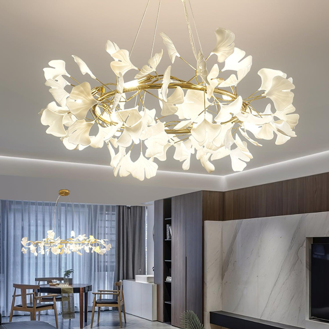 Illuminated ceramic leaf chandelier in a living and dining space