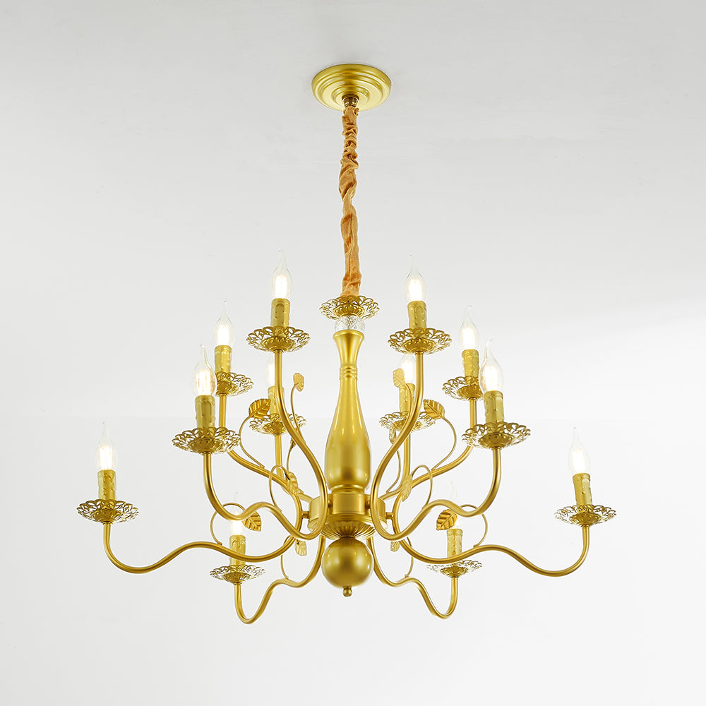 Gold Marilyn chandelier under a round canopy and gathered suspension cover, with curled candle arms, leaf details and ball finial.