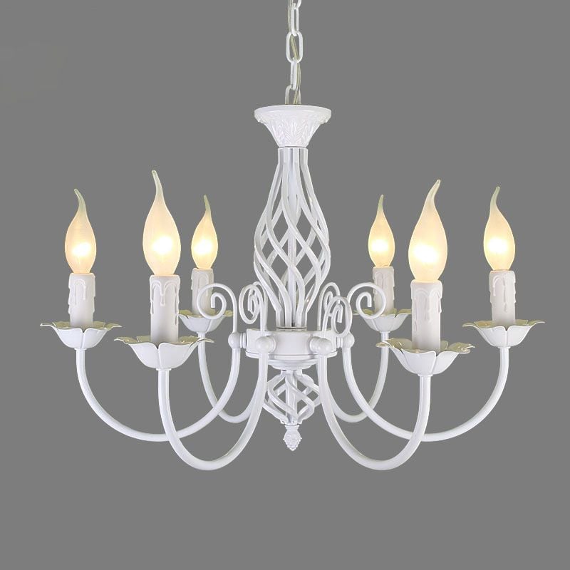 White Silva six-light chandelier on grey, with curved candle arms, open twisted centre, scroll curls and lower finial