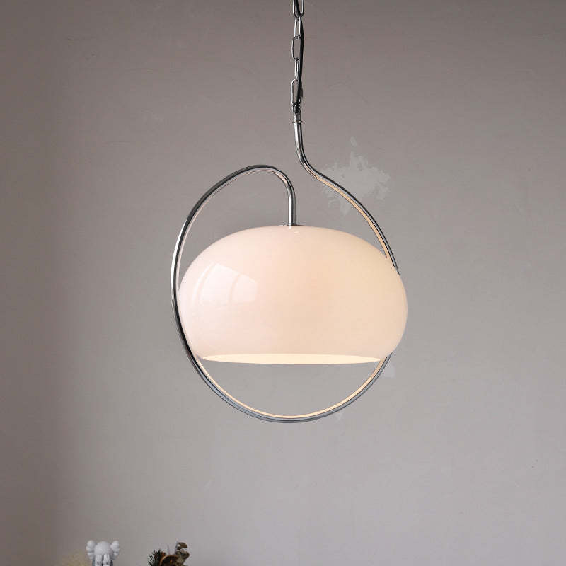 White Hailie glass pendant and loop frame with lit underside